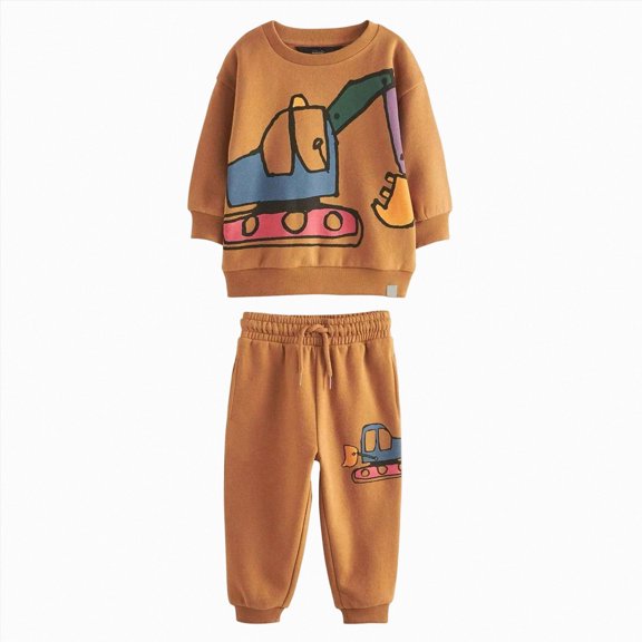 CAICJ98 Toddler Boy Clothes Long Sleeve Excavator Print Sweatshirt Pullover Tops Pants 2Pcs Fall Winter Outfit (Orange,6-7 Years)