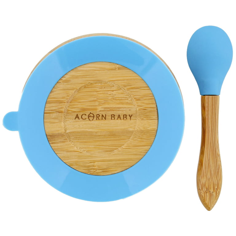 Acorn Baby Bamboo Baby Bowl and Silicone Baby Spoon Blue Set for Solid Food