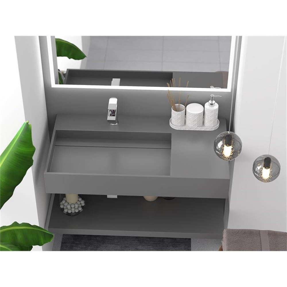 Pemberly Row 36" Solid Surface Left Basin Bathroom Sink in Gray