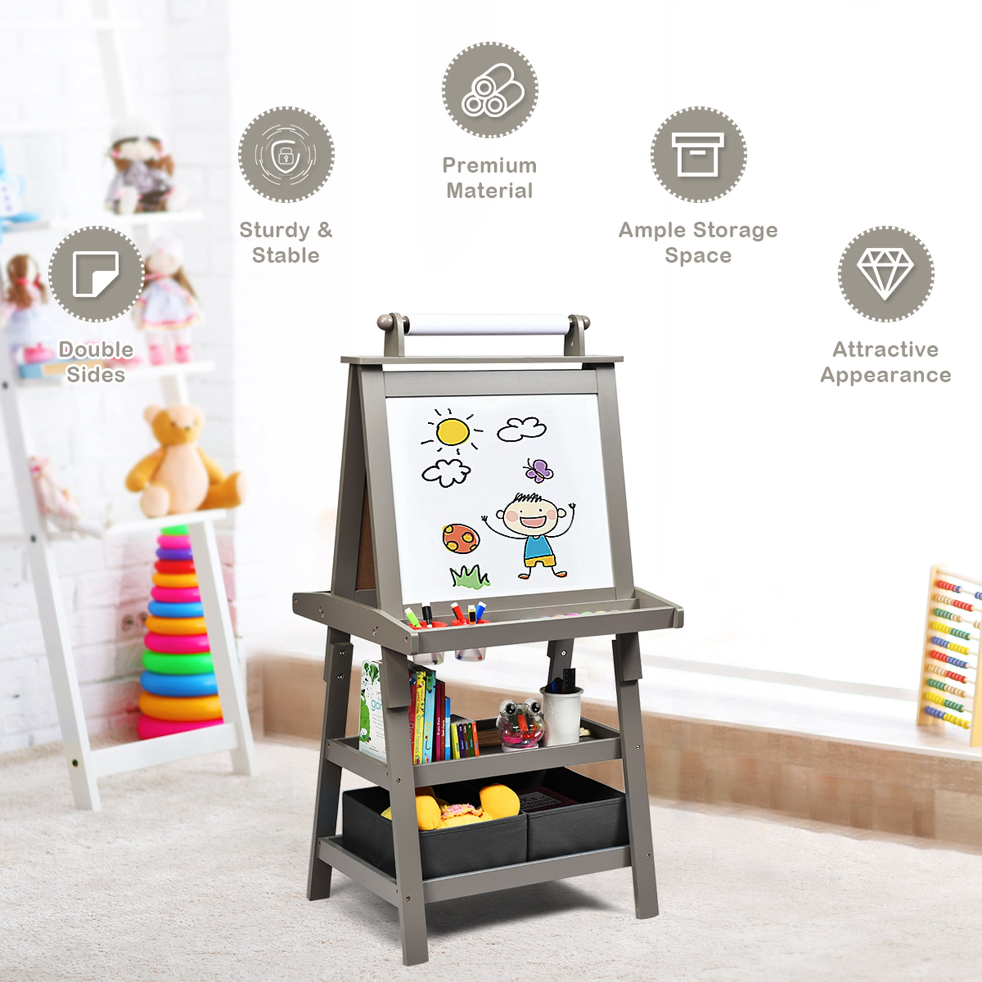 Costway 3 in 1 Double-Sided Wooden Kid's Art Easel Whiteboard Grey