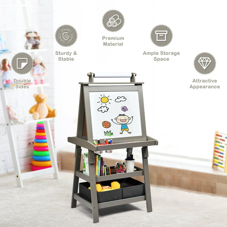 GLACER Kids Wooden Art Easel, 3-in-1 Double Sided Painting Easel  w/Whiteboard, Chalkboard & Paper Roll, Adjustable Standing Easel w/ 360°  Rotating