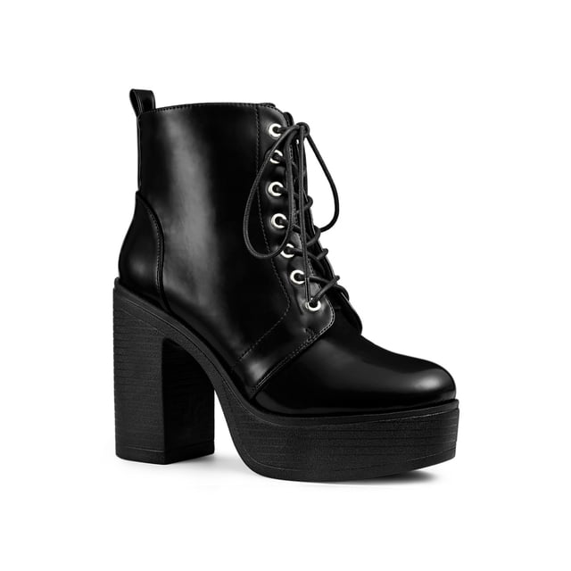 BLISSFUL STEP Women's Boot Side Zip Platform Chunky Heel Combat Boots Black 8.5