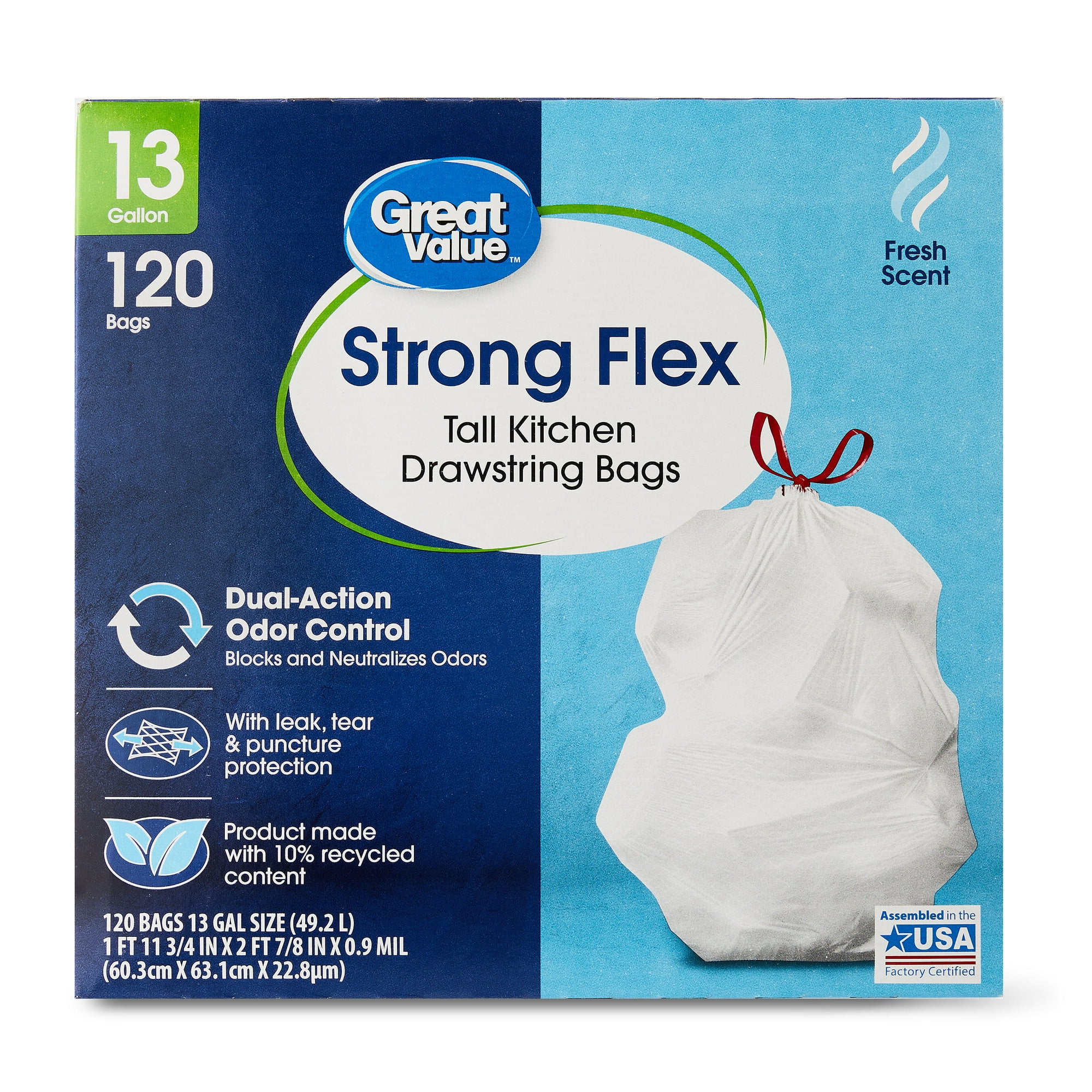 Great Value Strong Flex 13-Gallon White Drawstring Tall Kitchen Garbage Bags, Fresh Scent, 120 Bags