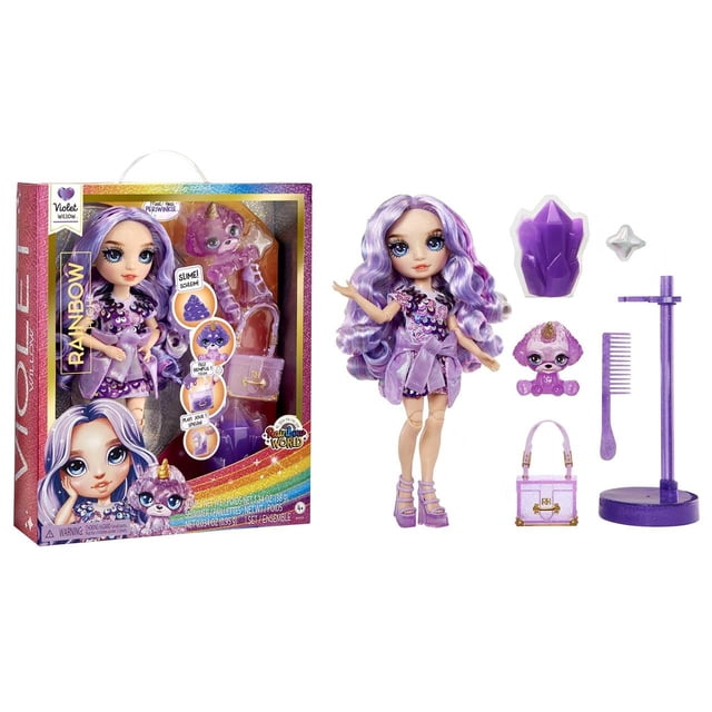 Muñeca moderna Rainbow High Violet con limo y mascota de 28 cm, color morado