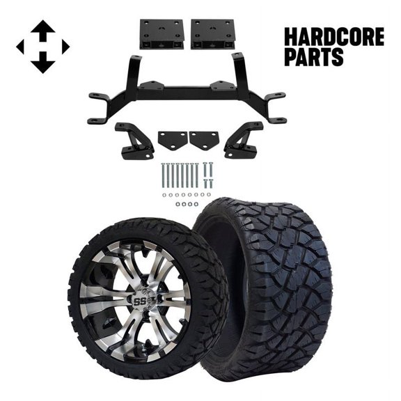 Hardcore Parts 4" Drop Axle Lift Kit for EZGO TXT/PDS (1994.5-2001.5) Gas Golf Cart with 14" Machined/Black 'Vampire' Wheels and 20"x8.5"-14" STINGER On-Road/Off-Road DOT rated All-Terrain tires