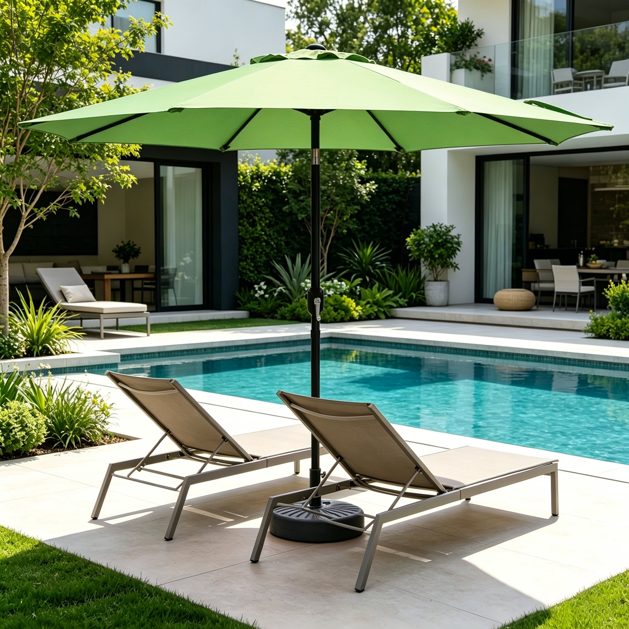 Kool 9 ft Outdoor Patio Market Umbrella with Push Button Tilt and Crank Handle, 8 Steel Ribs, Green