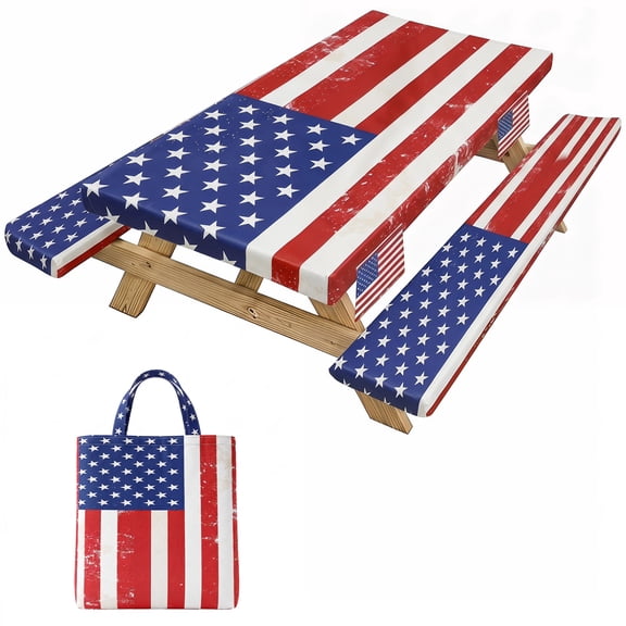 Tumao 6FT American Flag Picnic Table Cover with Bench Covers and Carrying Bag, 4th of July Waterproof Windproof Camping Rectangle Tablecloths, Washable Polyester Cover for Patio Indoor Outdoor