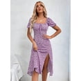 thumbnail image 5 of Lilac Purple Floral Print Long Dress With Square Neck Puff Sleeve And High Slit Hem, 5 of 6