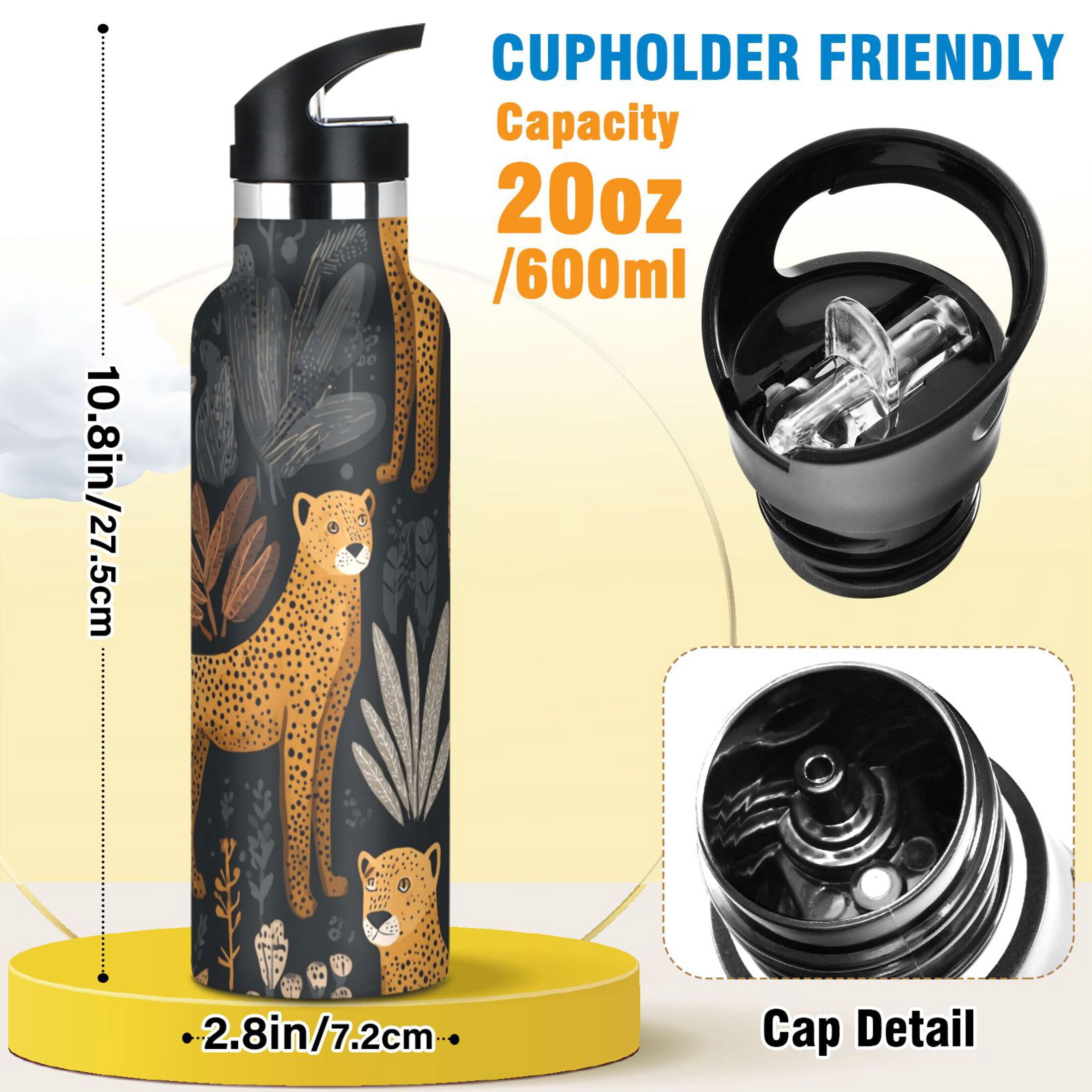 Kids Insulated Stainless Steel Sports Water Bottle 600ml Cheetahs and Jungle Foliage Pattern