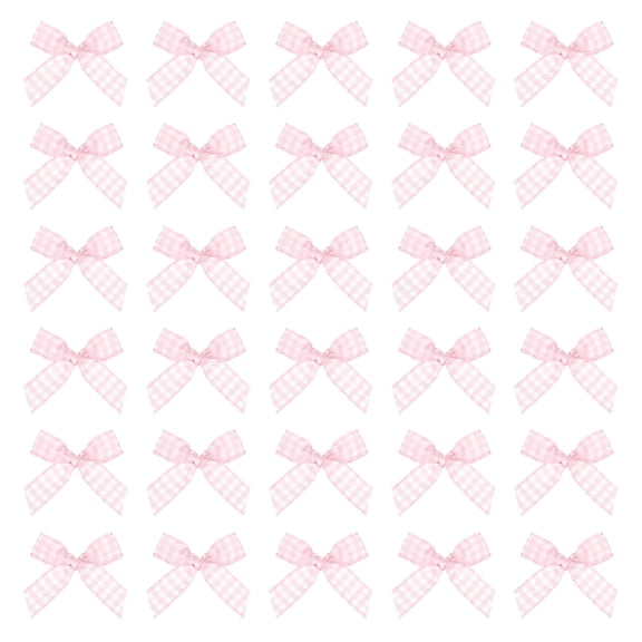 50 Pcs Mini Gingham Ribbon Bows for Craft DIY Cake Sewing Wedding Birthday Party Decoration, Pink White