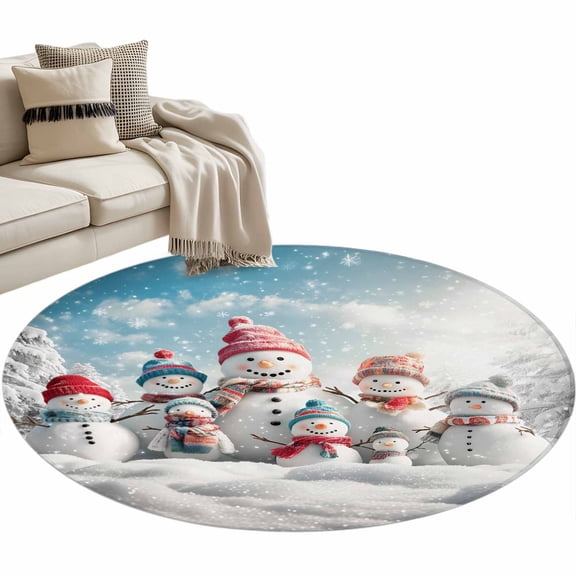 Winter Christmas Round Area Rug 3ft Snowman Pine Trees Snowflake Non-Slip Washable Circle Rugs Soft Felt Indoor Floor Mat for Bedroom Kitchen Living Room Bathroom