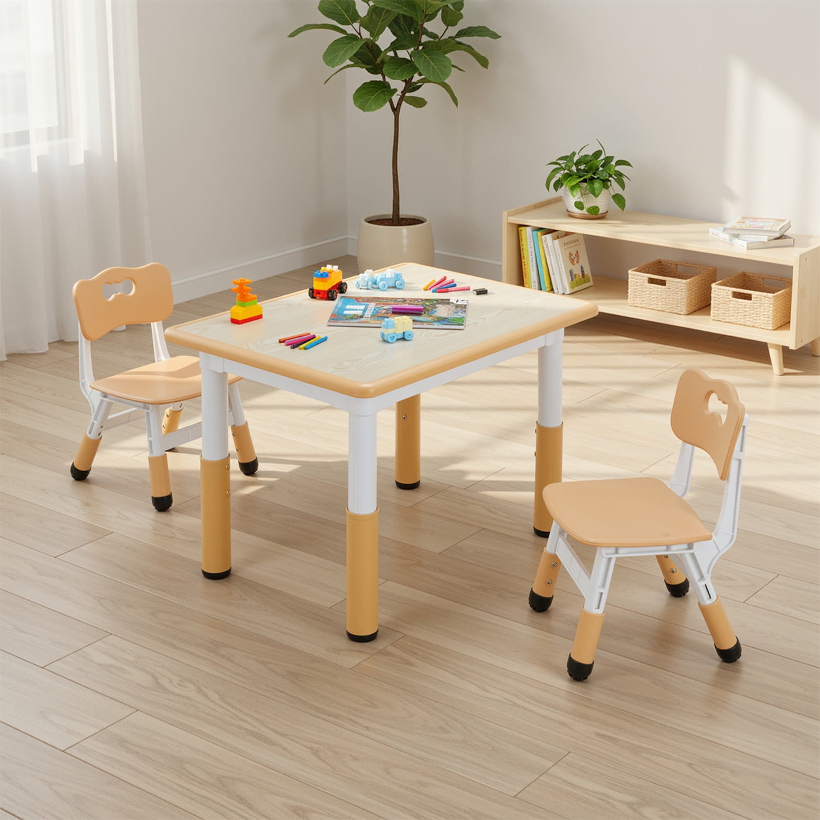 Arlopu Kids Table and 2 Chairs Set, Height-Adjustable Toddler Table and Chairs Set with Graffiti Desktop, 31.5"L x 23.6"W Children Activity Table for Daycare/Classroom/Home