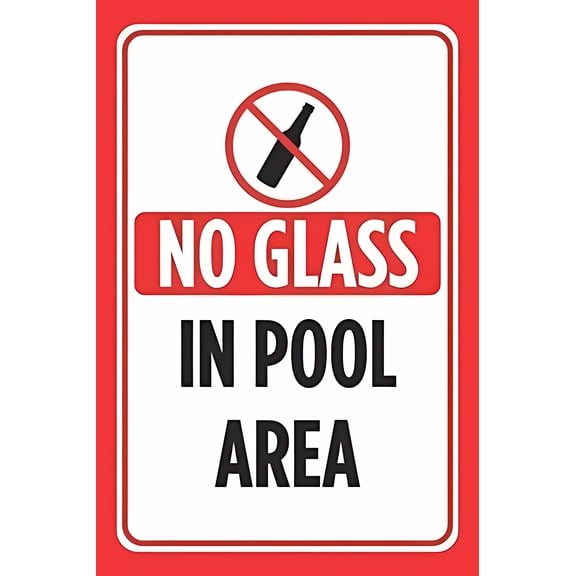 Wall No Glass in Pool Area Red Black Print Sign - 8"x12", Aluminum Metal Pool Rules Decor for Swimming Pools, Safety Zones