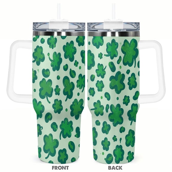 40oz Four Leaf Clover Travel Tumbler with Handle and Straw Lid Green Shamrock Insulated Car Coffee Cup St Patricks Day Gift