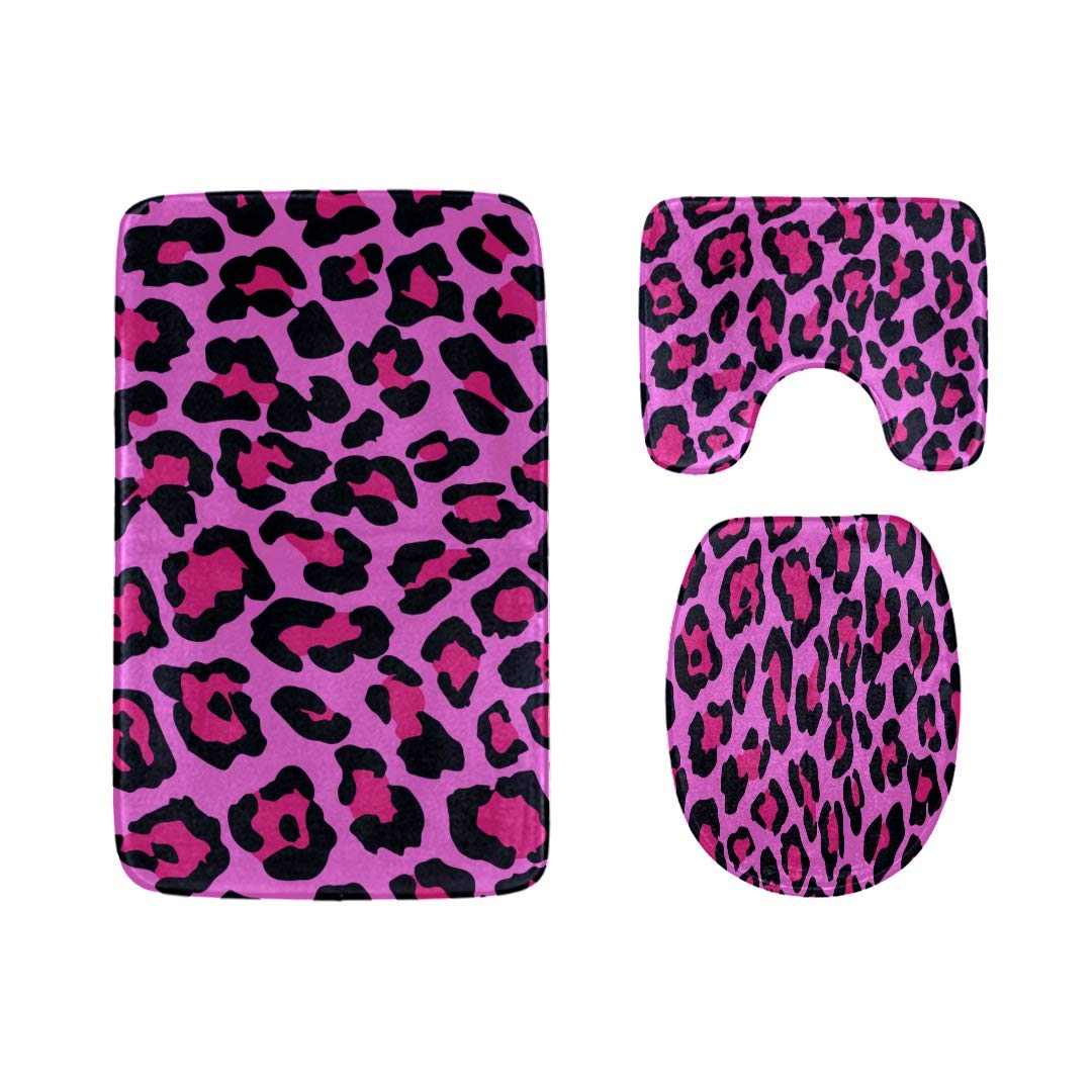 GOHAO Beautiful Pink Leopard Skin 3 Piece Bathroom Rugs Set Bath Rug