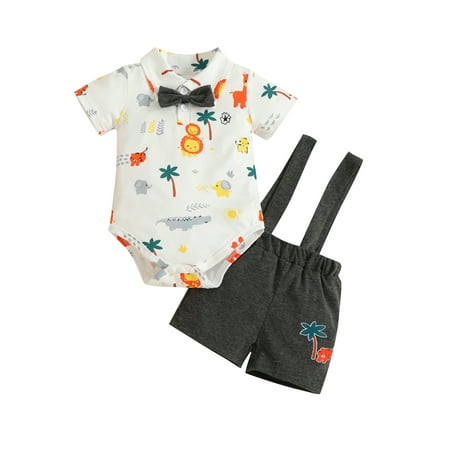 

TFFR Infant Boys Gentlemen Set Cartoon Print Short Sleeve Bowtie Romper Straps Shorts Overalls 2Pcs