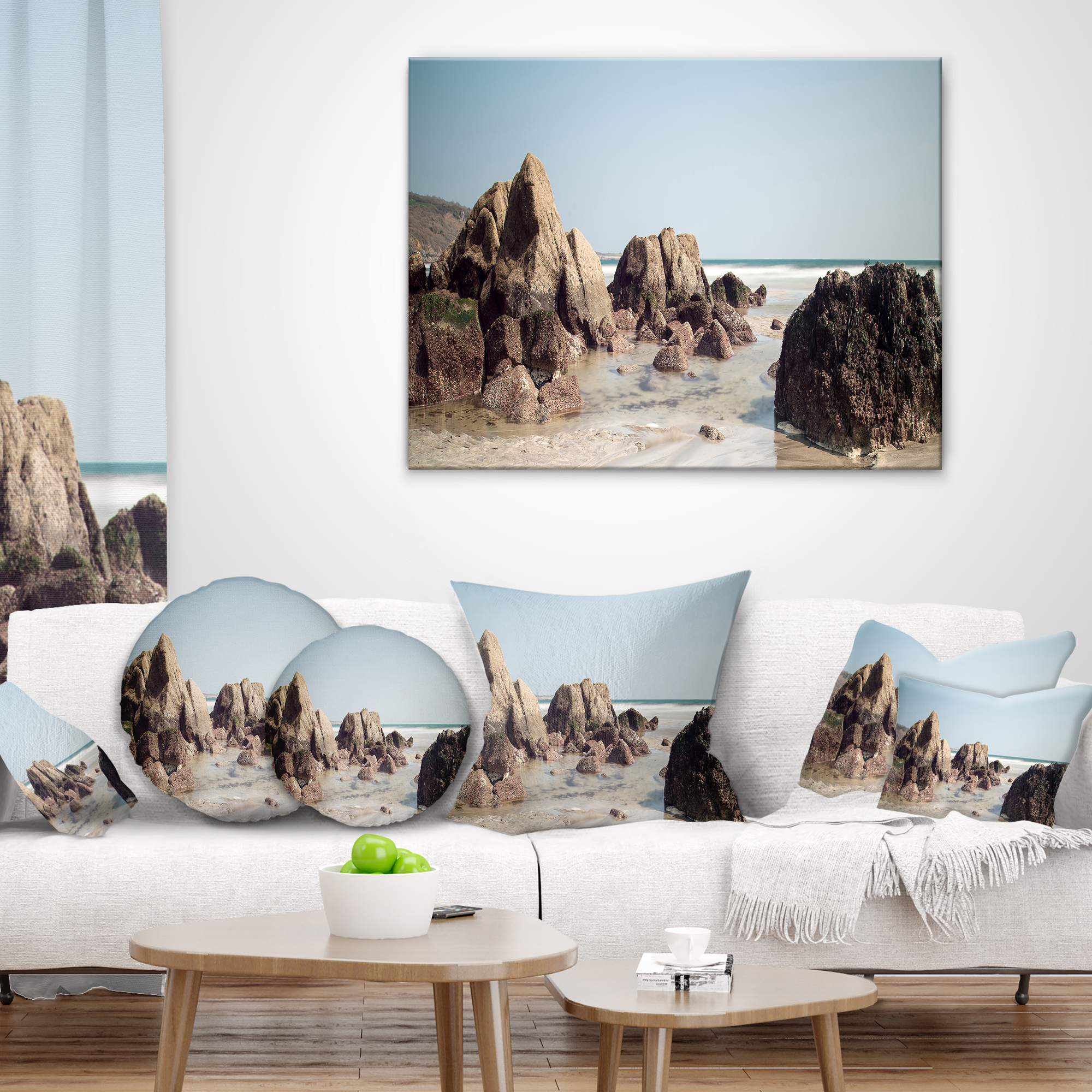 Designart Large Rocks at Coast Panorama - Seashore Throw Pillow - 16x16