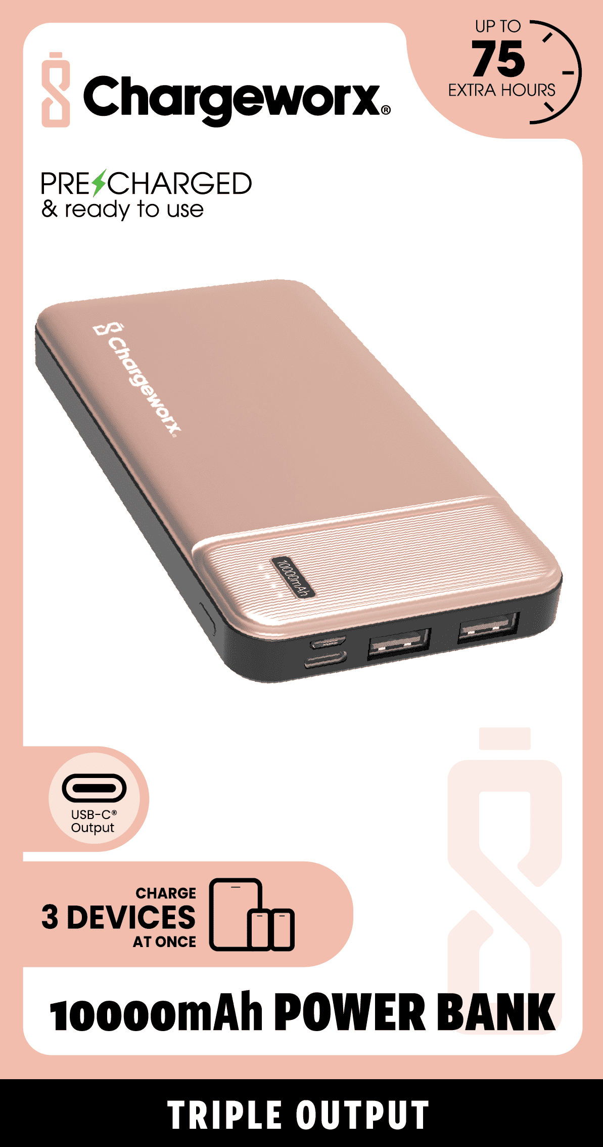Chargeworx 10000mAh Power Bank – Portable Charger with Triple Output | USB-C, Micro USB & USB Ports | Up to 75 Extra Hours | Compact External Battery Pack for Phones, Tablets & Mor