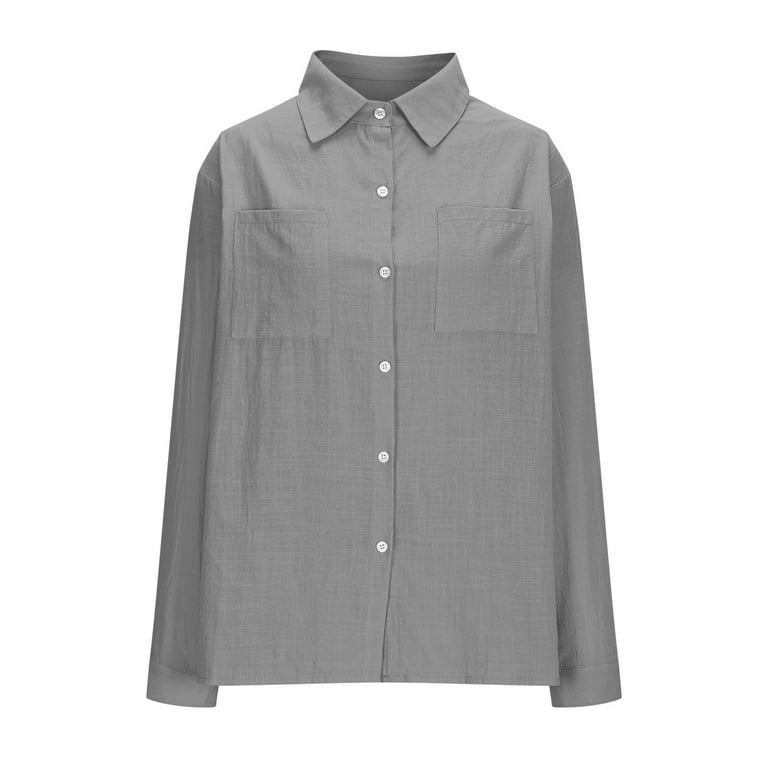 Fznquz Dressy Plus Size Shirts for Women Gray Button Down Long Sleeve Shirt Elegant Plain Pockets Women's Fashion M, Size: Medium