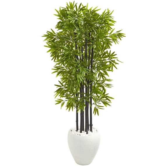 Nearly Natural 5’ Bamboo Artificial Tree with Black Trunks in White Planter UV Resistant (Indoor/Outdoor)