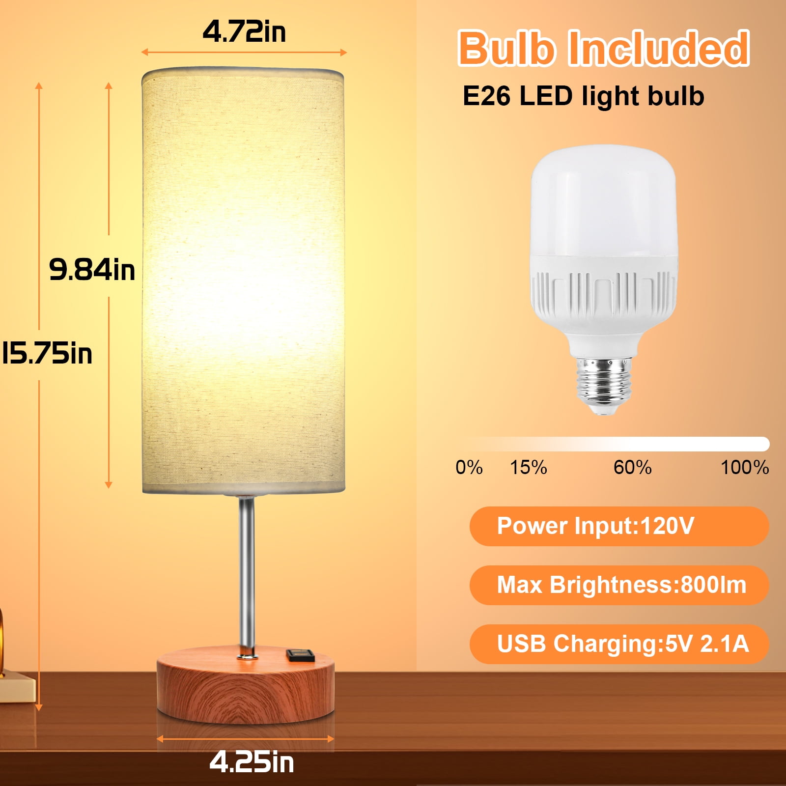 Table Lamps for Bedroom, 3 Way Dimmable Touch Control Bedside Lamp with USB C+A Fast Charging Ports, Nightstand Lamp for Office, Living Room, Reading(E26 Light Bulb Included), Wood
