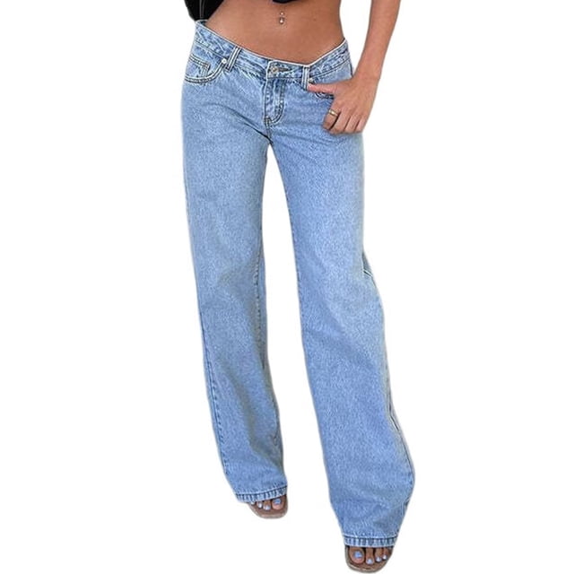 Pantalones Vaqueros de Pierna para Mujer, Tiro Bajo, Holgados, de Pierna Recta, Estilo Boyfriend, Vaqueros Casuales Sueltos, Estilo Chica Y2K Azul S