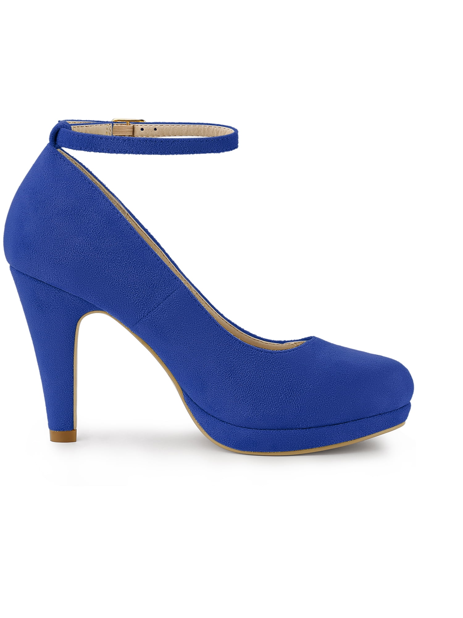 Unique Bargains Women's Round Toe Stiletto Heel Ankle Strap Pumps Dark Blue 6.5