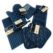 Kitchen Towel Set with 2 Quilted Pot Holders, Oven Mitt, Dish Towel, Dish Drying Mat, 2 Microfiber Scrubbing Dishcloths (Blue)