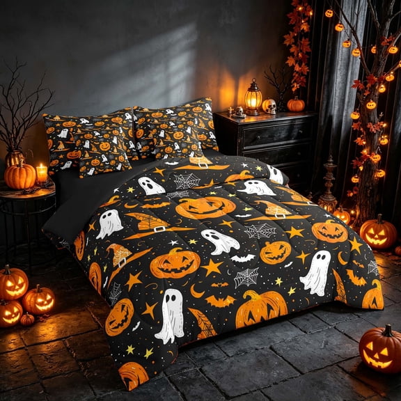 Homewish Halloween Pumpkin Ghost Twin Bedding, Witch Hat Bat Bedding Comforter Set, Black Orange, Black Reversible 7pcs