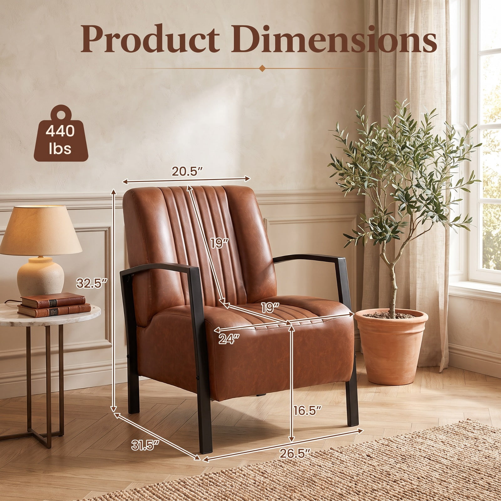 Furnibear PU Leather Upholstered Accent Armchair with Padded Seat and Back Ergonomic Lounge Reading Chair for Living Room Bedroom Office, Brown