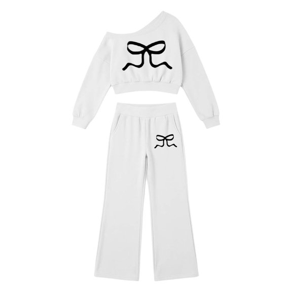 MEZZALL Girls 2 Piece Outfit Graphic Off Shoulder Crop Sweatshirt and Wide Leg Pants Set Casual Tracksuit for Kids Outfit Sets Leisure Clothes Sets
