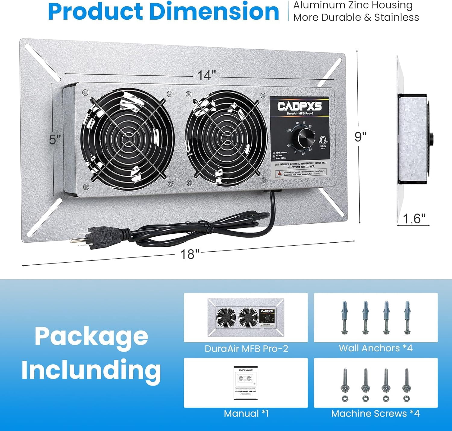 CADPXS Crawlspace Ventilation Fan 220 CFM Air Out, Crawlspace Fan Vent with Humidistat, Dehumidistat & Freeze Protection Thermostat, for Crawl Spaces Basement Garage Attic
