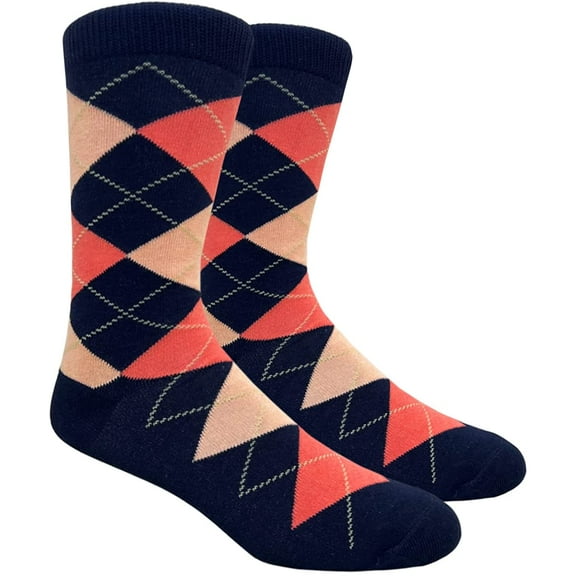 Urban-Peacock Men's Argyle Dress Groomsmen Socks - Argyle - Navy, Bellini Peach & Coral, 1 Pair