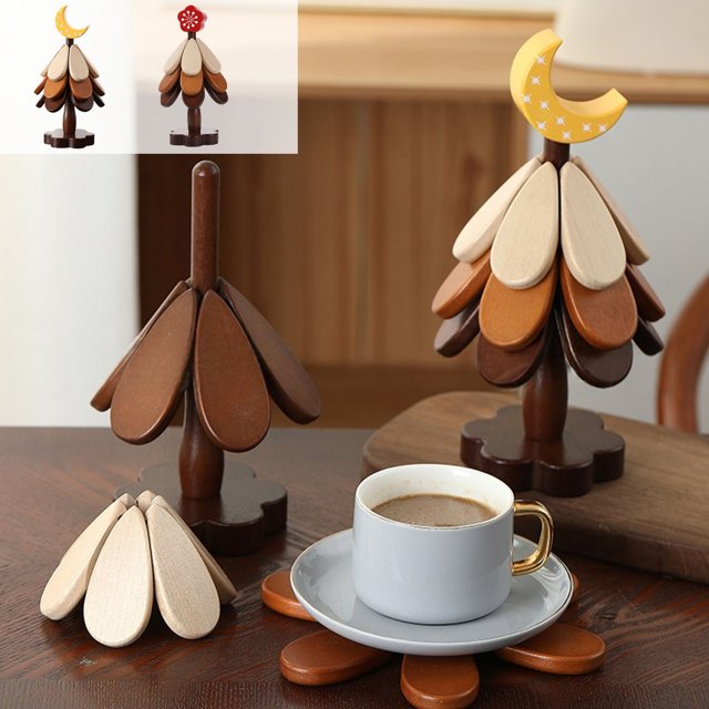 Alfombrilla aislante térmica de madera en forma de árbol, posavasos plegable para tazas de té, protector de mesa decorativo para ollas y sartenes calientes, salvamanteles de madera natural, lindo