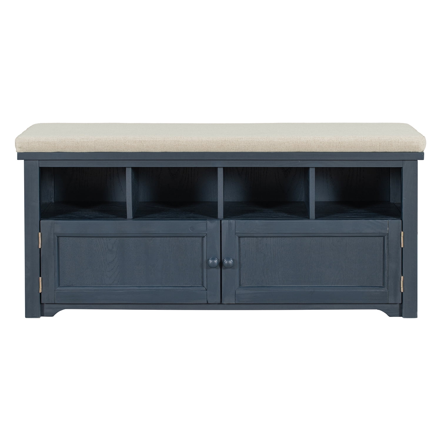 Kadyn Rustic Style Two-Door Storage Bench, Shoe Entryway Bench with Linen Upholstered Top Cushion, Pine Organizer Footrest Bench Ottoman for Entryway, Antique Navy Kadyn Rustic Style Two-Door Storage Bench, Shoe Entryway Bench with Linen Upholstered Top Cushion, Pine Organizer Footrest Bench Ottoman for Entryway, Antique Navy