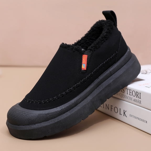 Fleece Lined Suede Moccasins, Fleece Lined Suede Slip On Moccasins Winter Casual Strolling, Exposed Fleece Rim House Shoes Family Living Room Wear, Comfortable Thermally Insulated Footwear, Black 5.5