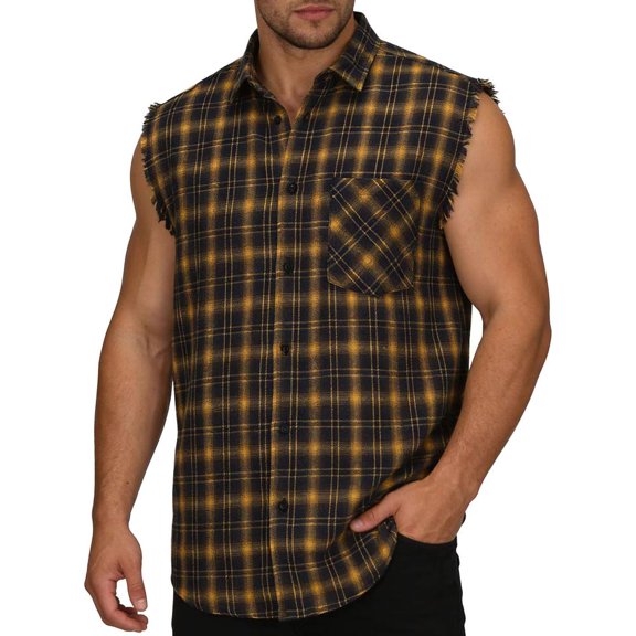 Bxsruta Men's Sleeveless Plaid Button Down Shirt Casual Frayed Edge Lapel Tank Top for Daily Wear
