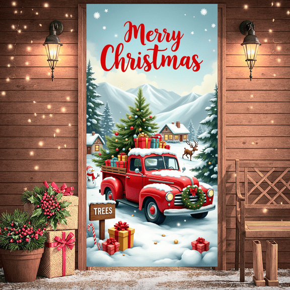 Vintage Truck Christmas Banner with Gifts Snowy Scenery for Holiday Party Indoor Outdoor Decoration