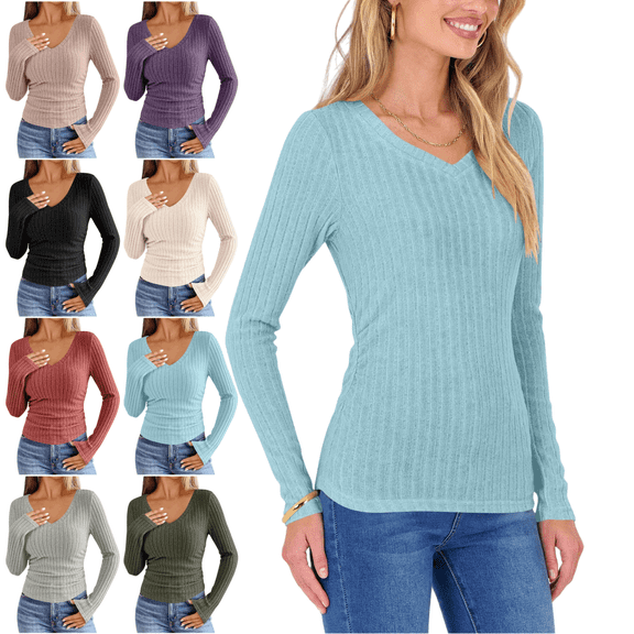 Mifsaly Ribbed Long Sleeve Tops for Women Work V-Neck Top Slim Fit Ruched Waist Blouse Girlfriend Valentine Knit Shirts Soft Stretchy Casual Party T-Shirt Spring Fall Thermal Undershirts Light Blue