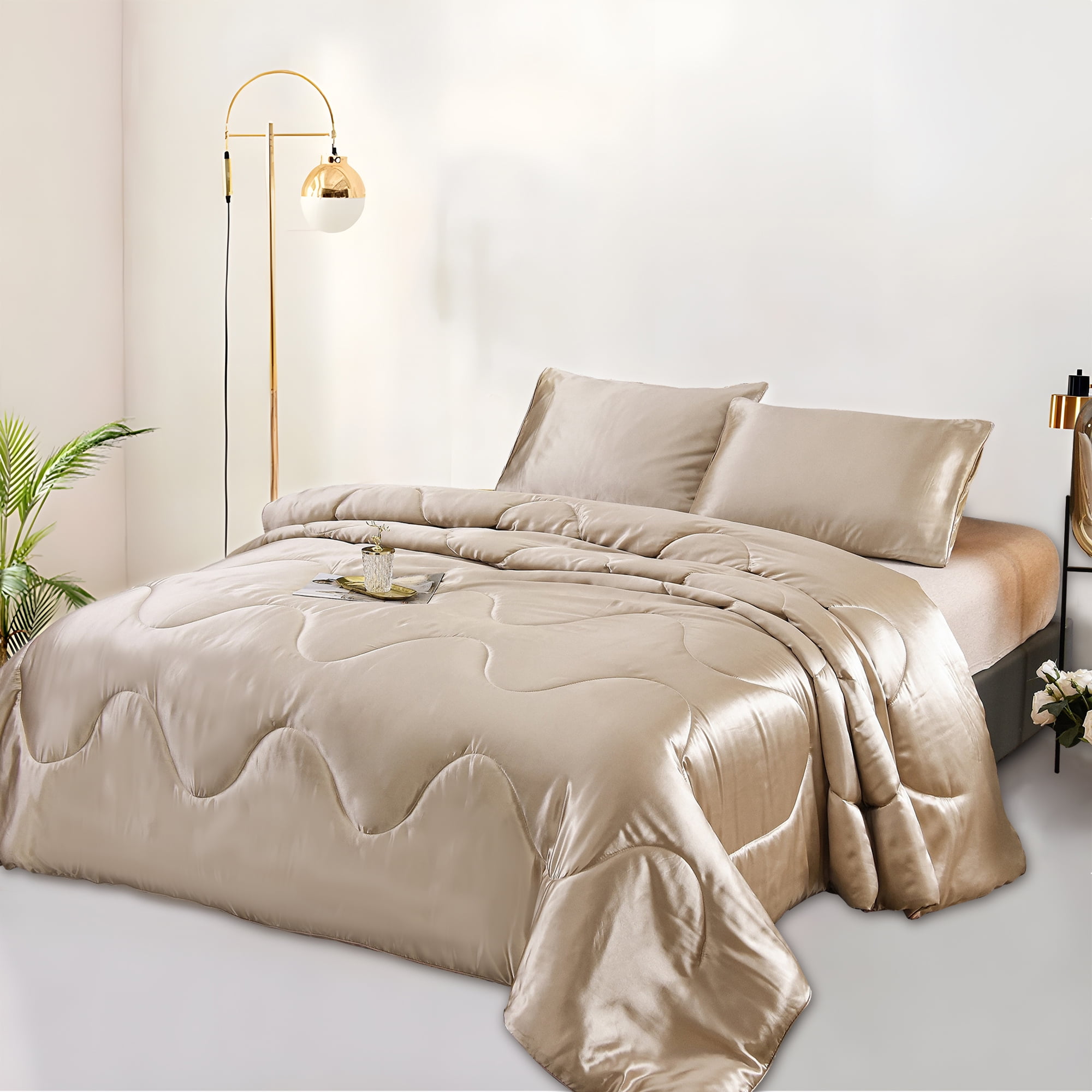 Btargot Satin Silky Soft Luxury King Comforter Set Solid Cooling Lightweight Bedding Set Champagne