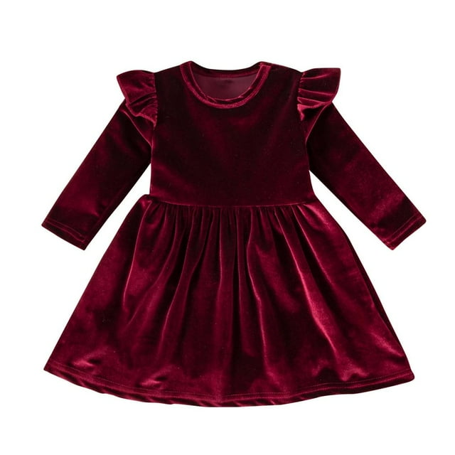 CHUANK Robe en Velours pour Tout-Petites Filles, à Volants, Manches Longues, Ligne A, Décontractée, Princesse, Robe de Fête, Tenue de Jeu, Automne Hiver