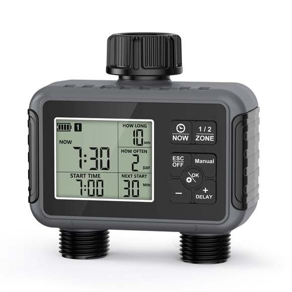 2 Zone Sprinkler Timer, Programmable Manual Automatic Irrigation Valves Controller System with Rain Delay, Dual Outlets Digital Hose Watering Timer for Garden Yard Lawn