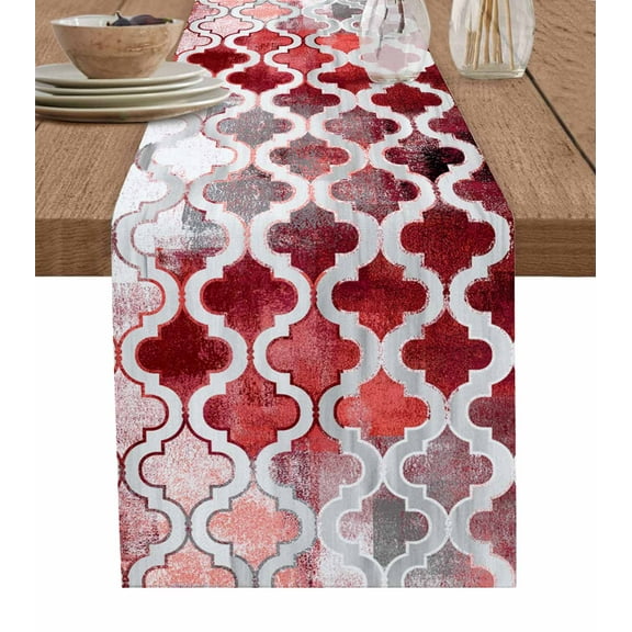 Red Morocco Burlap Cotton Table Runner 18x72 Inches Long, Rustic Country Smear Street Mottled Art Farmhouse Table Runners, Outdoor Dining Tablecloths Decor for Baby Shower/Party/Wedding