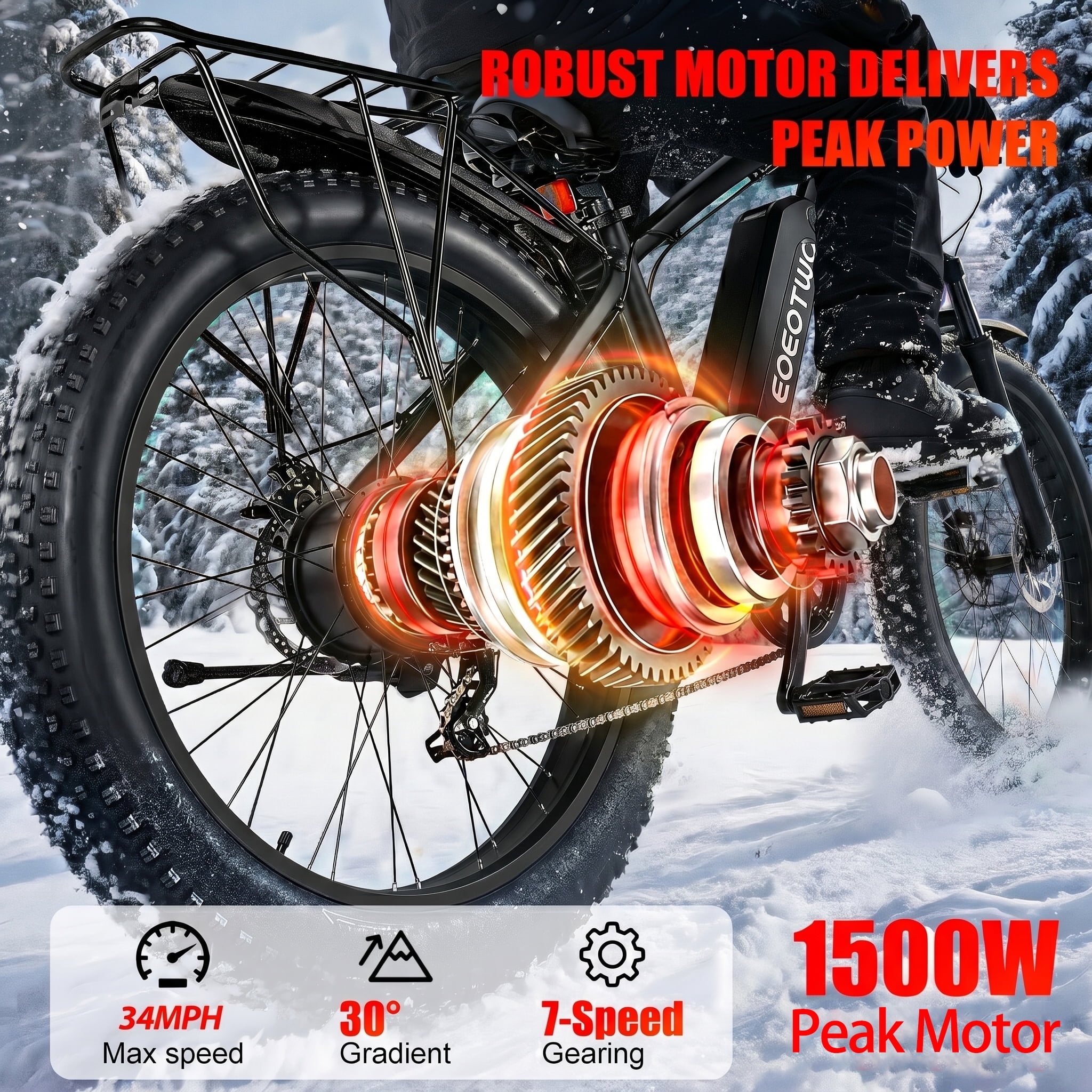 EOEOTWO 26" Fat Tire Electric Bike for Adults 1500W Peak Motor, 48V 15Ah Removable Battery, 34 MPH Fast E-Bike with 60-Mile Range, All-Terrain Mountain Bicycle with Front Suspension, UL2849 Certified