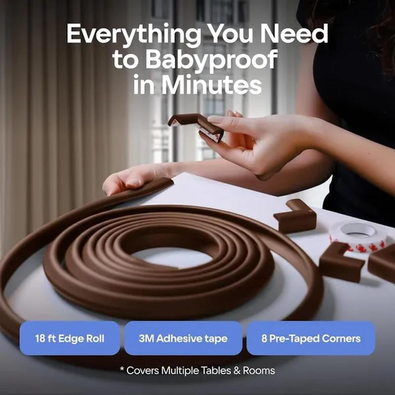 Sharp Edge and Furniture Safety Guards Protective Foam Cushion; Bumper Adhesive Corners Proofing Set NonToxic and Safe For Table, Fireplace, Countertop; Brown