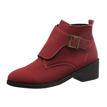 OJSFQUFP Women Ankle Boots Ladies Fashion British Solid Color Canvas Pointed Thick Heel Short Ankle Boots Comfortable Fall Shoes Dress Boots Women Red 41