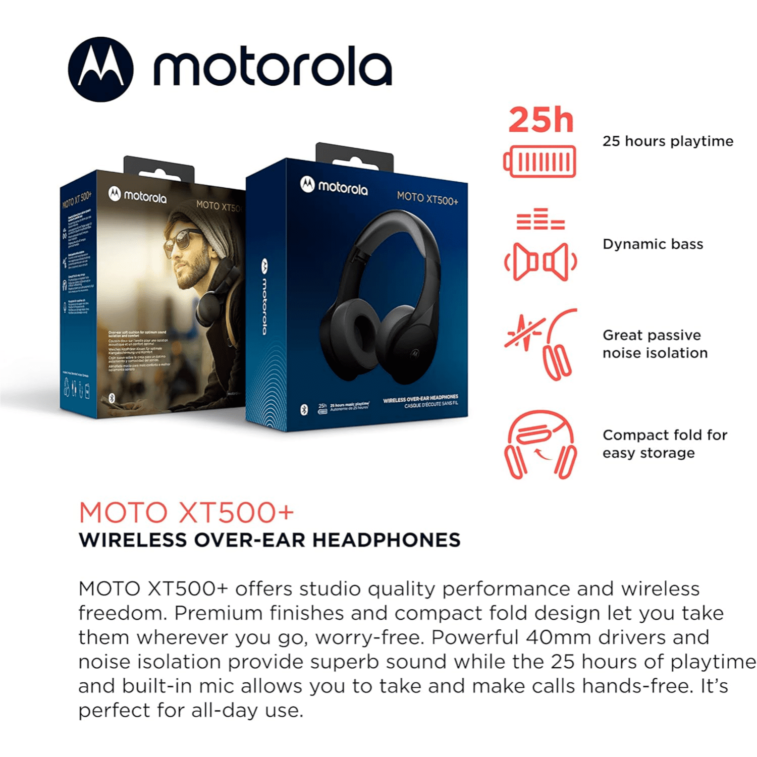 Motorola XT500 BLACK Bluetooth Wireless Headphones with Microphone - Black