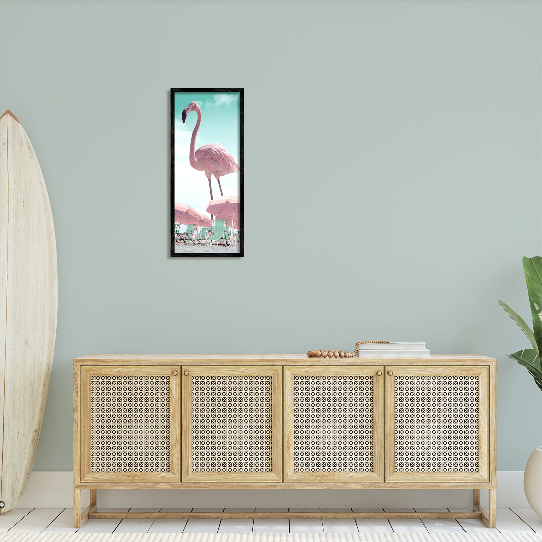 Giant Flamingo Pastel Beach Scene Animals & Insects Graphic Art Black Framed Art Print Wall Art