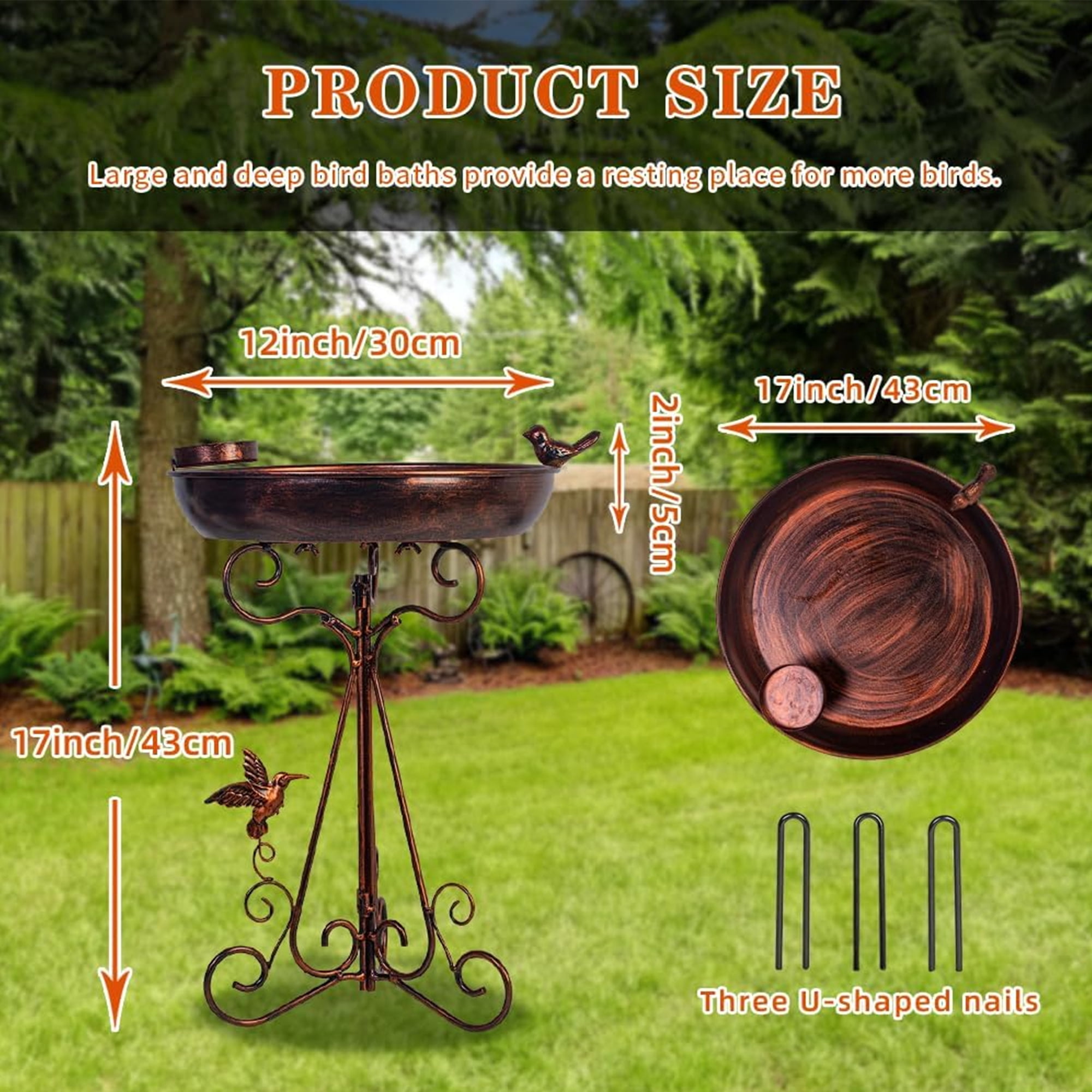 Bird Bath with Metal Pedestal, Dia Antique Copper Outdoor Birdbath with Bird Feeder for Garden Outside Patio Yard Decor