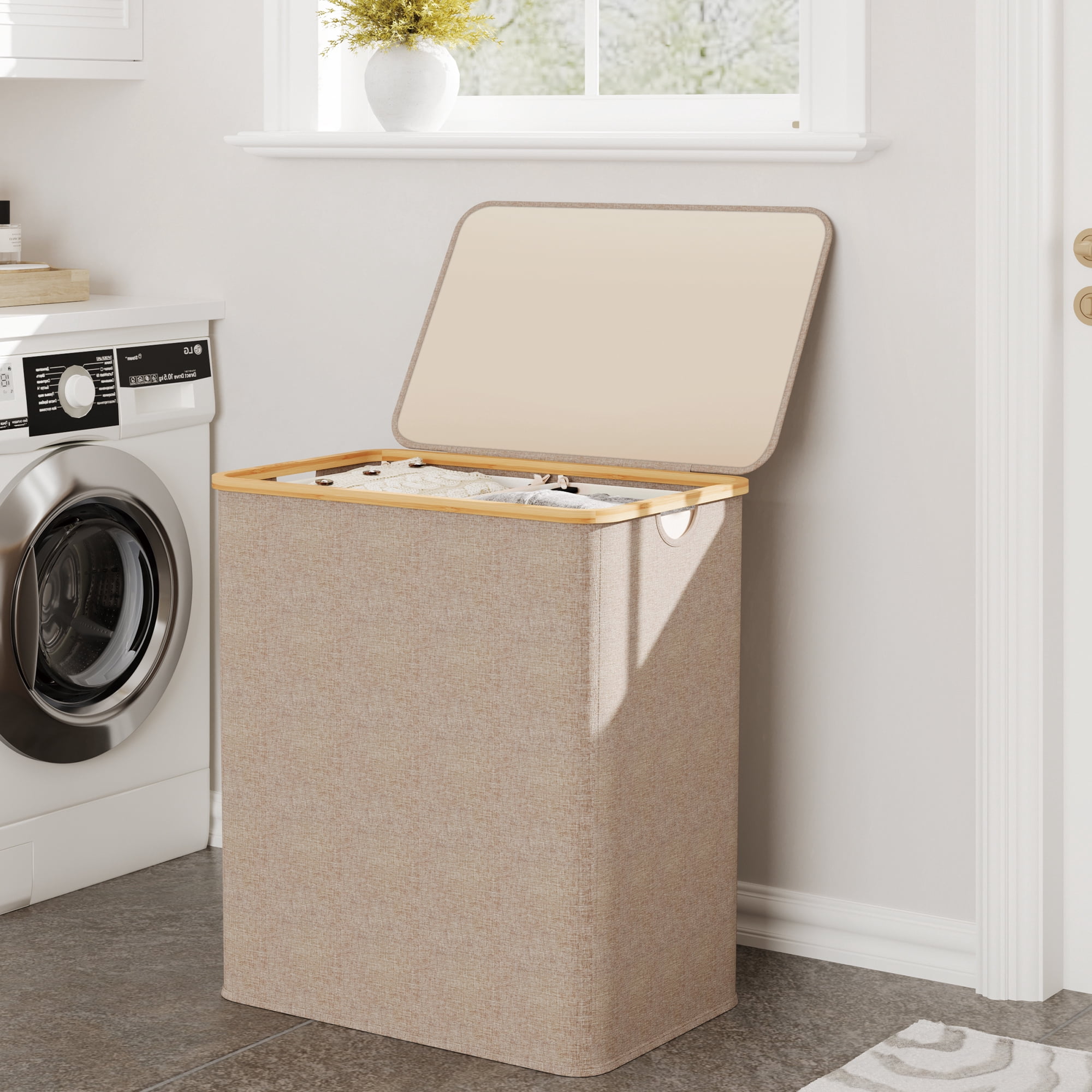 BGTREND 148L Double Laundry Basket with Lid, Clothes Hampers for Laundry with Bamboo Handles and Removable Liner Bags, Collapsible Laundry Sorter Dirty Clothes Hamper (Beige)